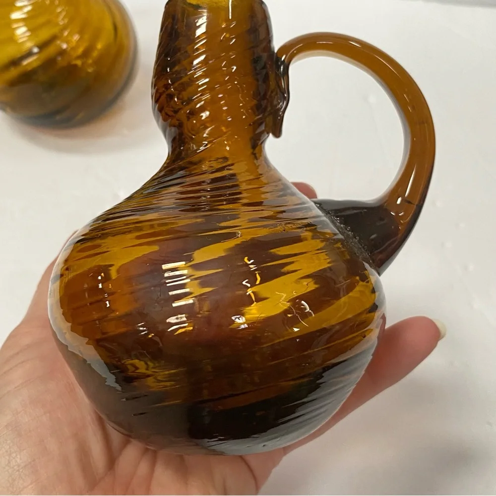Set of 2 Vintage Root Beer Amber Swirled Glass Vase w/ applied handle